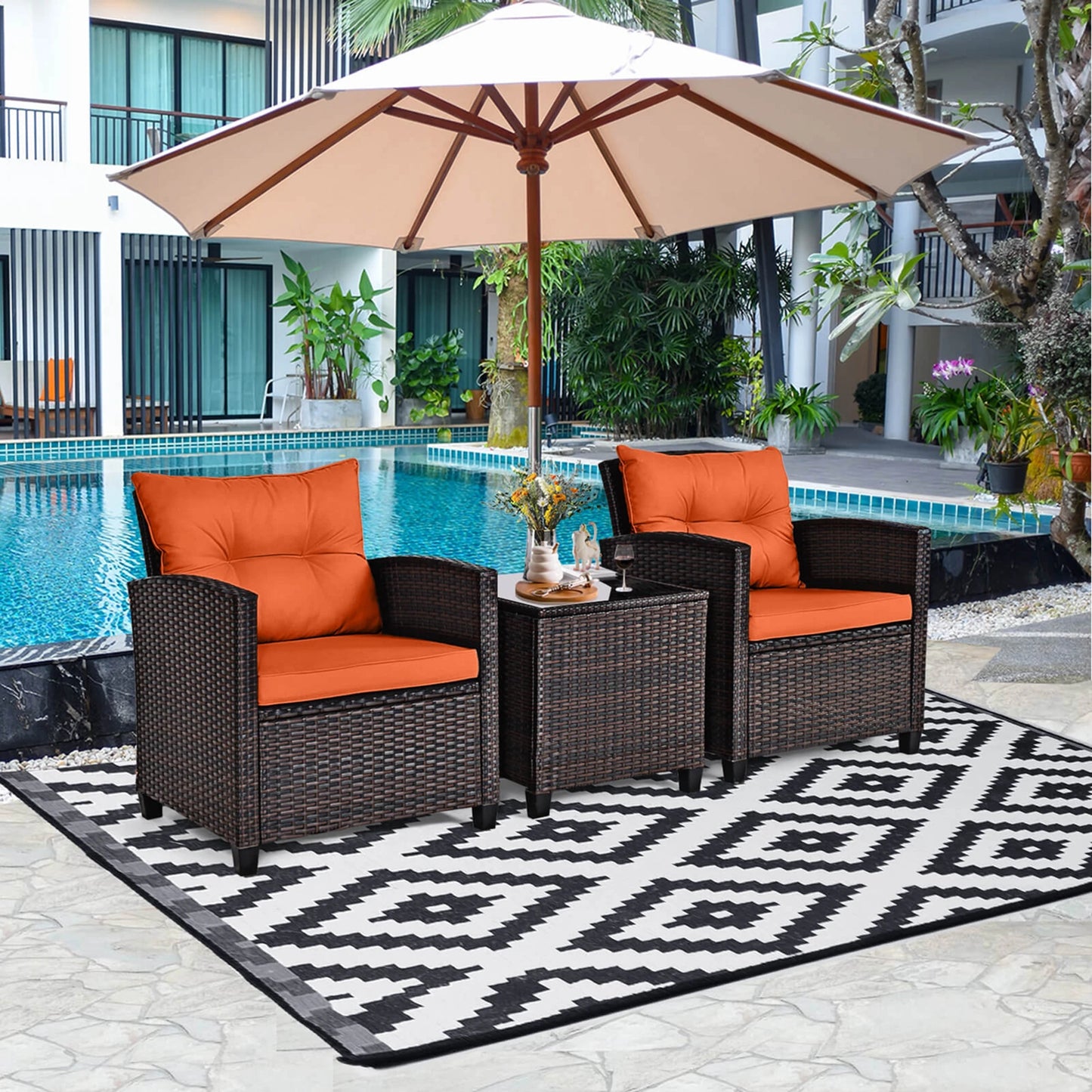 HOMASIS Three Piece Patio Rattan Cushioned Conversation Set