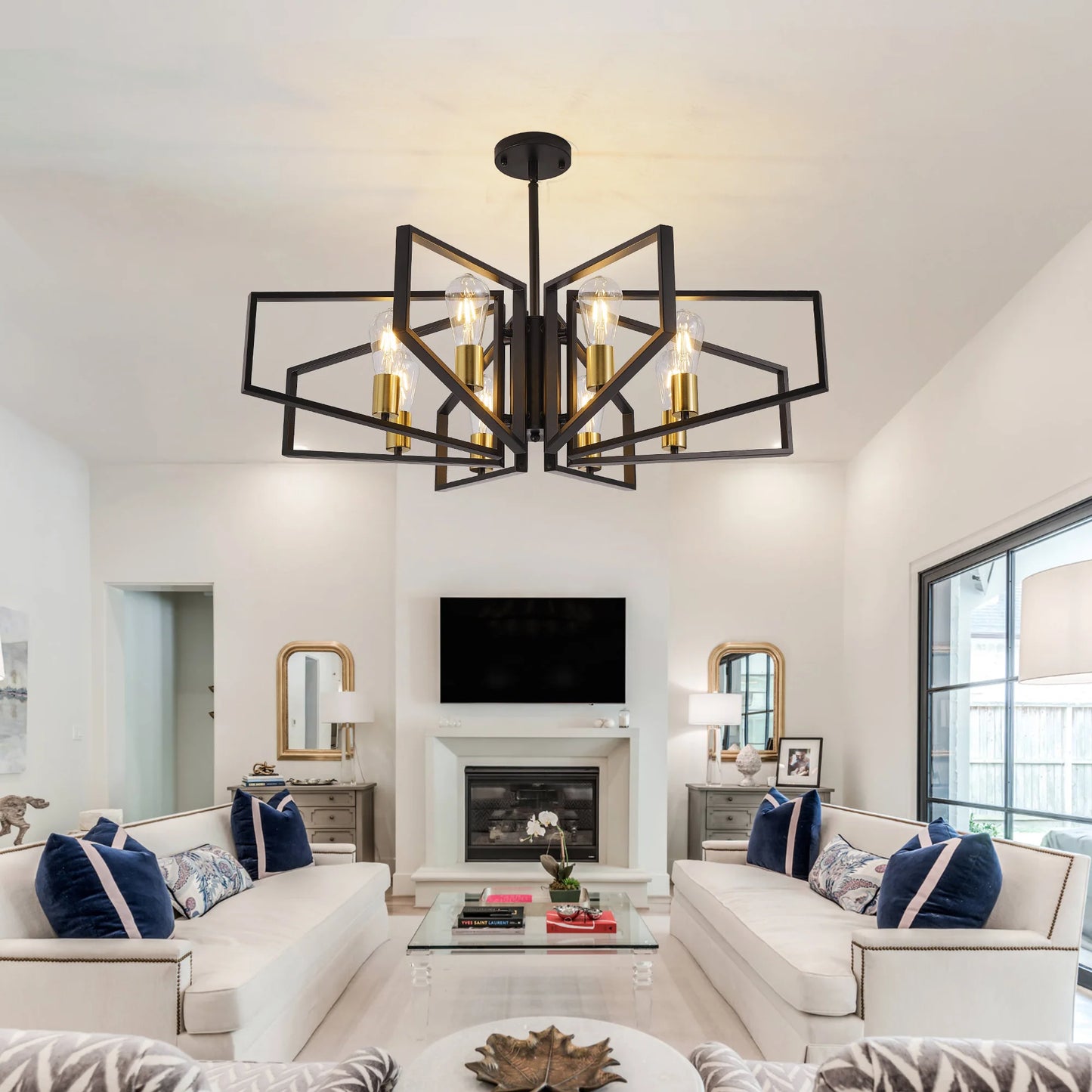 Modern 8-Light Geometric Chandelier Adjustable Height Metal Pendant Light with Black Frame & Golden Accents Ceiling Light Decor