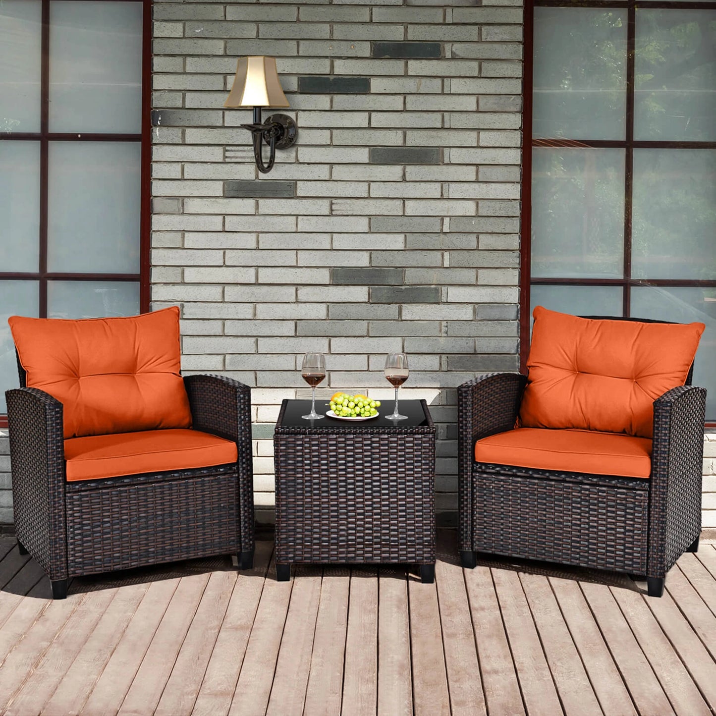 HOMASIS Three Piece Patio Rattan Cushioned Conversation Set