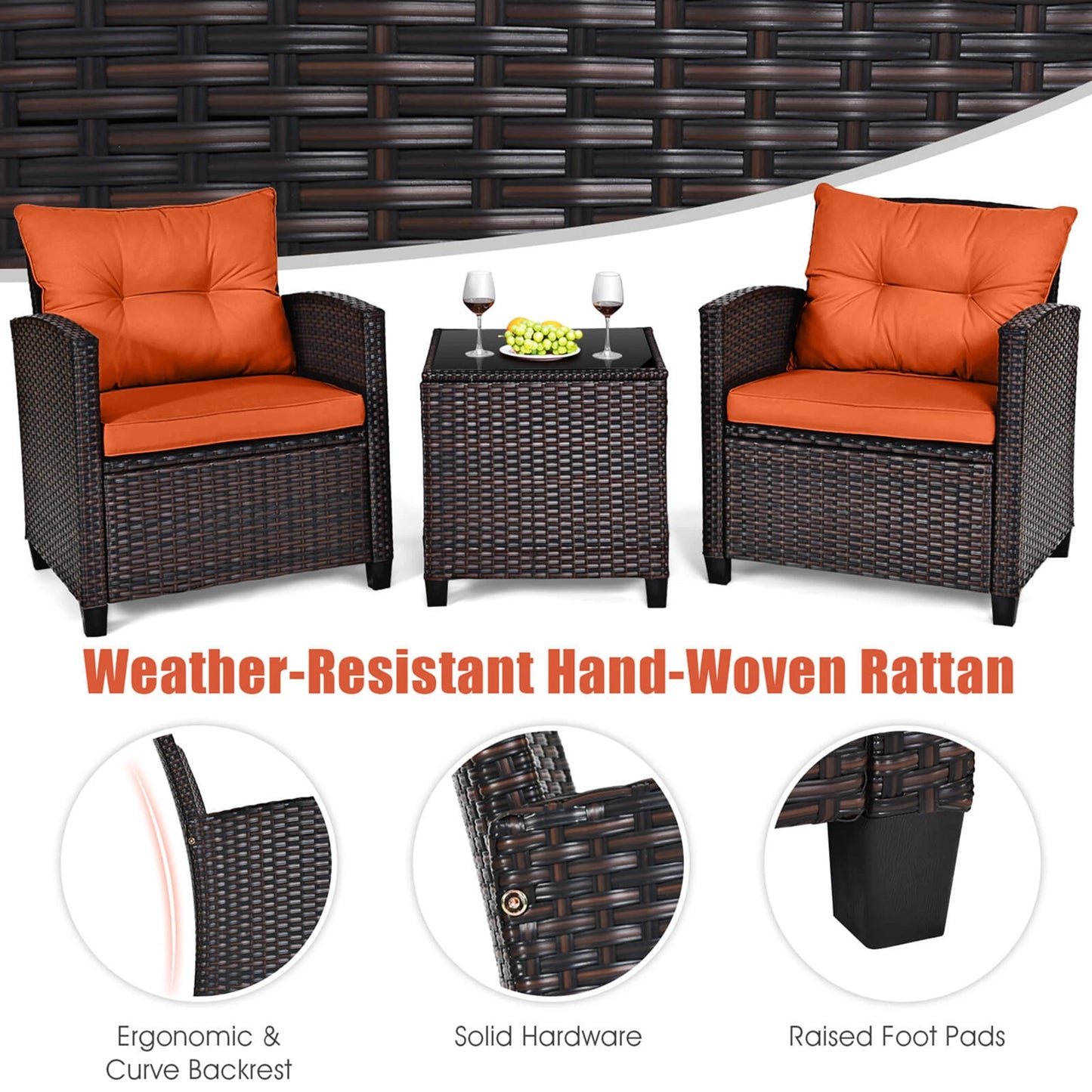 HOMASIS Three Piece Patio Rattan Cushioned Conversation Set